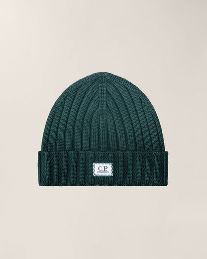 C.P. Company Extra Fine Merino Wool Logo Beanie in Ponderosa Pine - Green