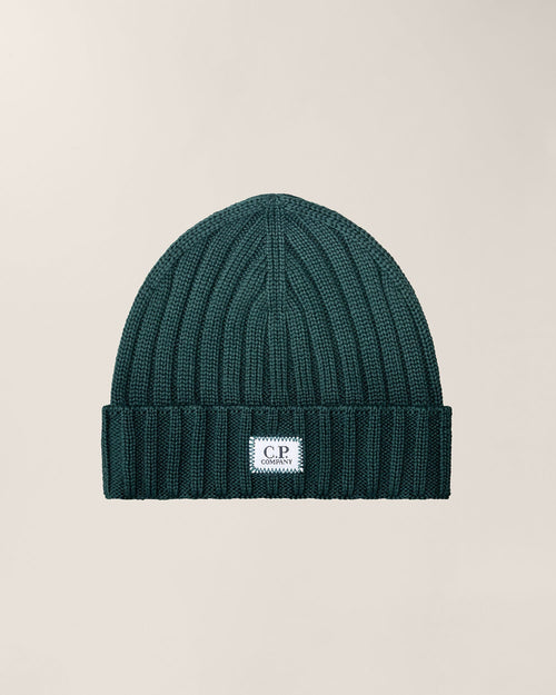 C.P. Company Extra Fine Merino Wool Logo Beanie in Ponderosa Pine - Green