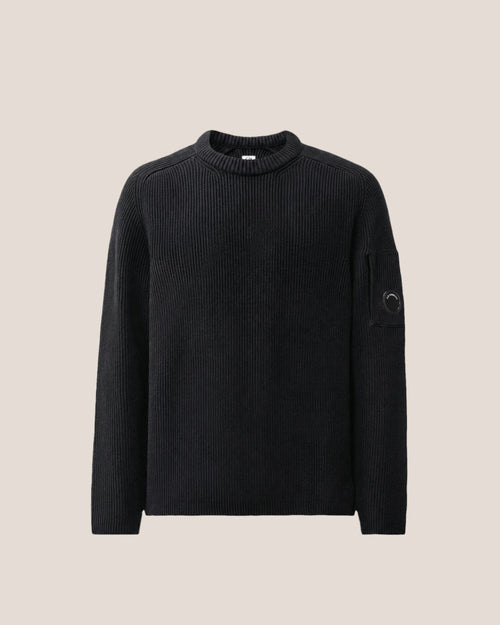 C.P. Company Full Rib Cotton Lens Crewneck Sweater in Black