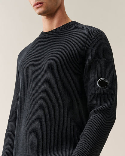 C.P. Company Full Rib Cotton Lens Crewneck Sweater in Black