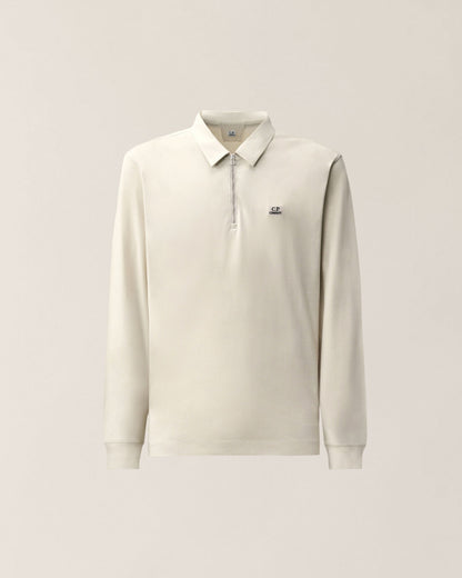 C.P. Company Stretch Piquet Long Sleeve Zip Polo in Silver Birch