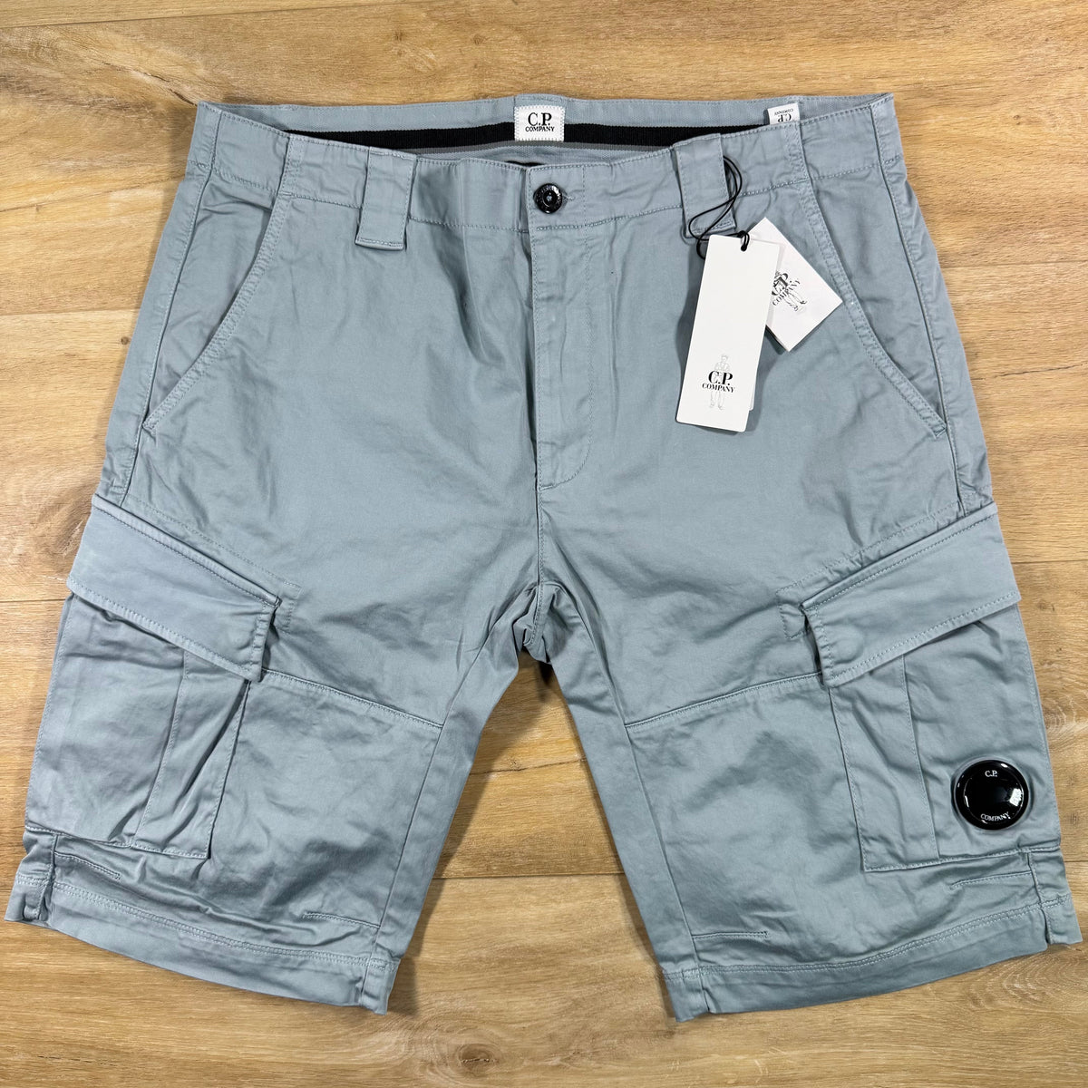 C.P. Company Stretch Sateen Cargo Lens Shorts in Silver Blue