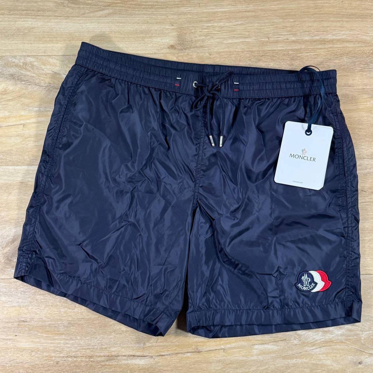 Moncler Tricolor Logo Patch Swim Shorts in Navy