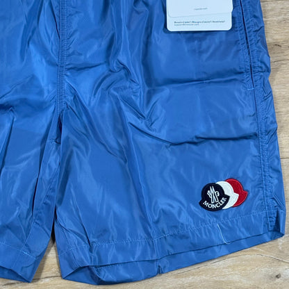 Moncler Tricolor Logo Patch Swim Shorts in Sky Blue
