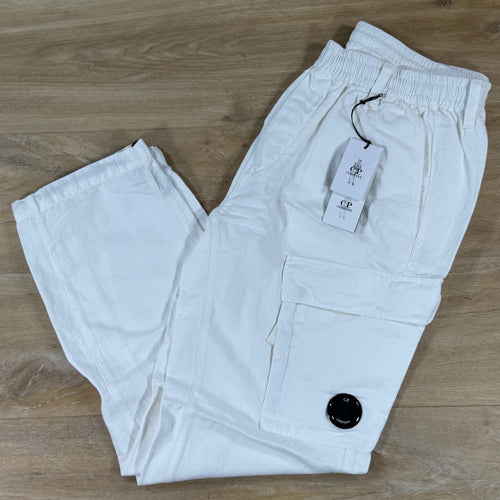 C.P. Company Cotton Linen Elasticated Lens Cargo Pants in Gauze White