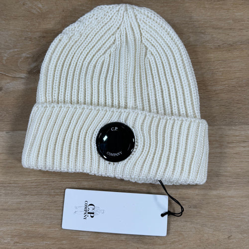 C.P. Company Extra Fine Merino Wool Lens Beanie in Gauze White
