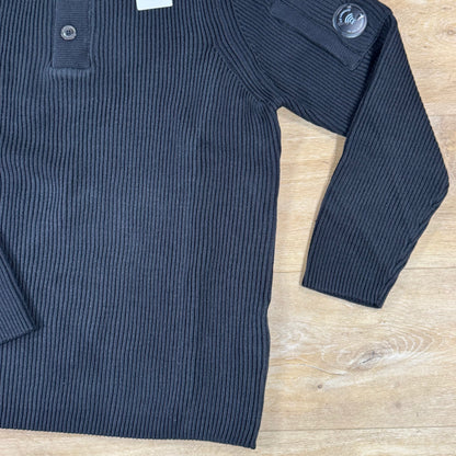 C.P. Company Full Rib Cotton Half Button Lens Sweater in Black