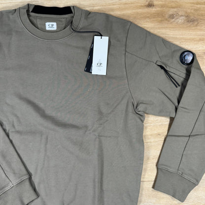 C.P. Company Diagonal Raised Fleece Crewneck Lens Sweatshirt in Fallen Rock - Beige