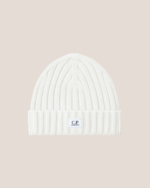 C.P. Company Extra Fine Merino Wool Logo Beanie in Gauze White