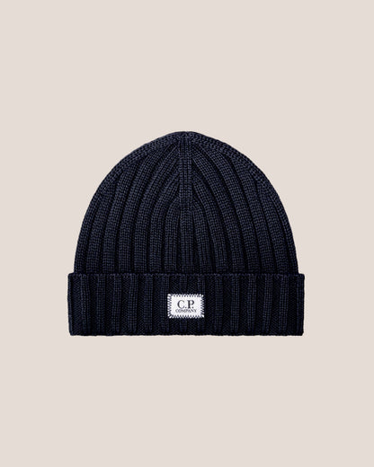 C.P. Company Extra Fine Merino Wool Logo Beanie in Navy