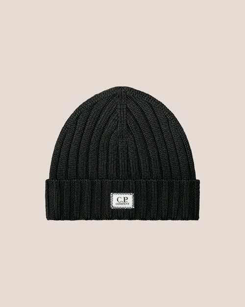 C.P. Company Extra Fine Merino Wool Logo Beanie in Black